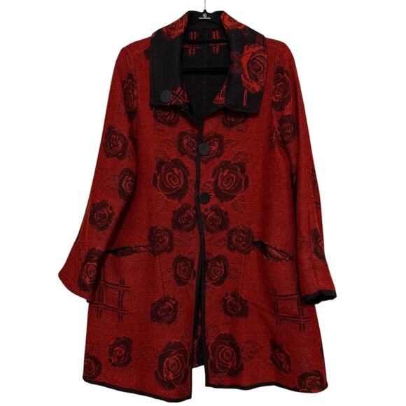 Winding River REVERSIBLE Black Red Medium Sweater Knit Collared Jacket Long - Picture 8 of 11
